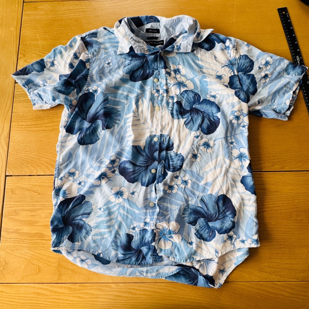 Tommy Hilfiger Button Up Shirt Mens L Blue Floral Rayon Short Sleeve Tropical